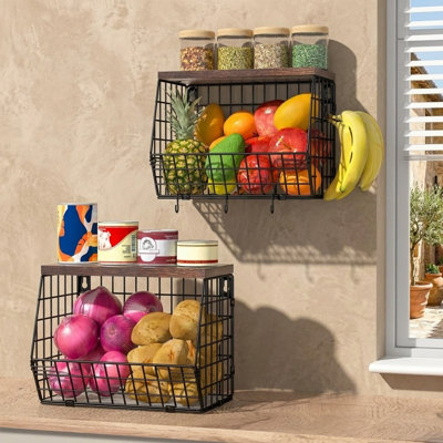 2 Tier Fruit Basket Wire Storage with Wood Lid Stackable or Wall Mounted Hanging Kitchen Organizer with 4 Hooks