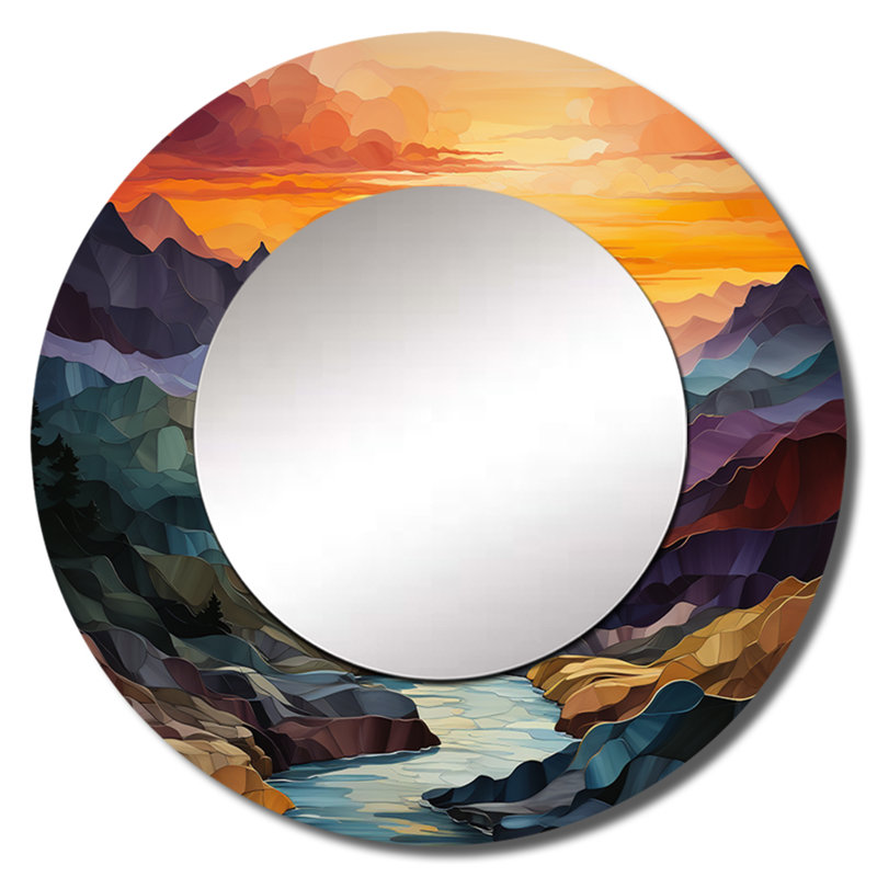 Shannelle Orange Teal Mountains Bold Landscape - Mountains Wall Mirror, Traditional Round Decorative Mirror, Printed Metal Art