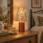 Lampe de table en noyer avec abat-jour en tissu à motif floral, petite lampe de chevet de 33 cm pour chambre, table de chevet et salon