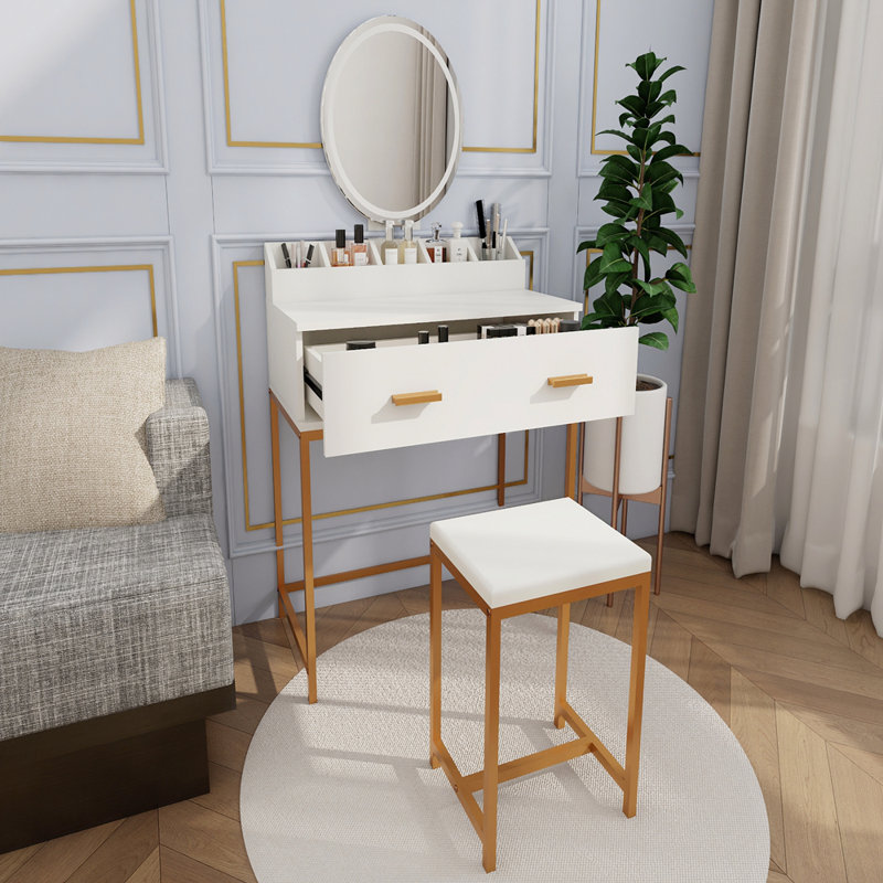 Elegant White and Gold Makeup Vanity Set with Mirror, Stool, and Storage Drawers for Small Bedrooms