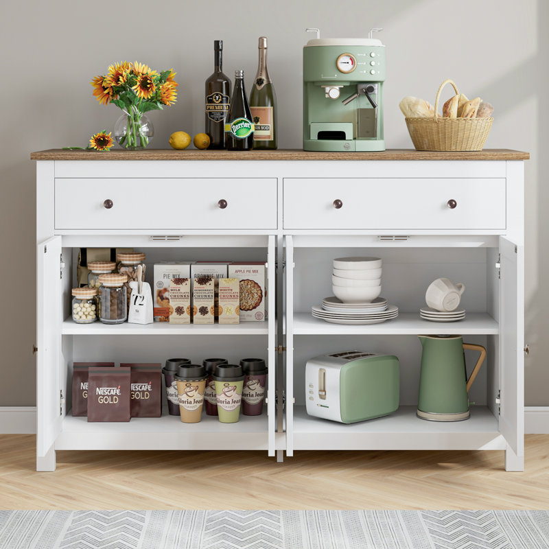 Buffet 2 tiroirs 55,1 po de largeur, Blanc / Chêne