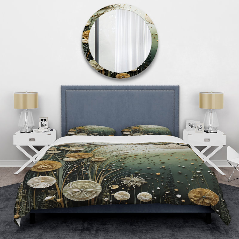 Ensemble de housse de couette vert et jaune à motif de plantes botaniques abstraites 3 - Tachisme