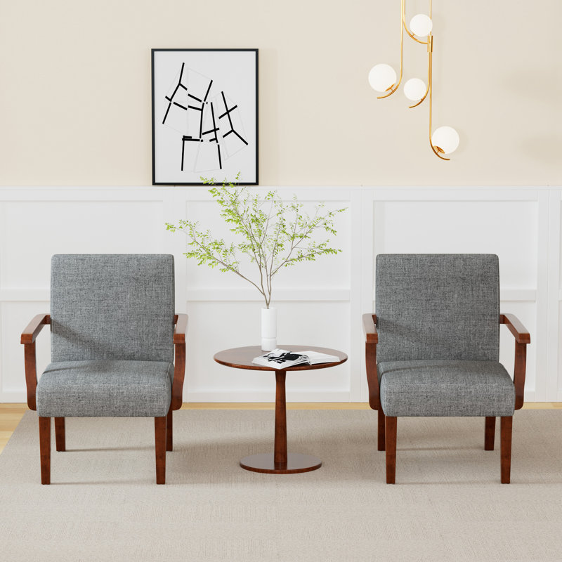 Fabric Accent Arm Chair Set Of 2 With Round Wood Table, Gray Fabric