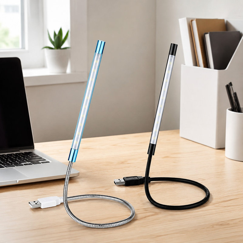 Lot de 2 lampes DEL portatives alimentées par USB pour claviers d'ordinateurs portables et ordinateurs, en noir et bleu, avec bras flexibles, variateur tactile, position ajustable et idéales pour la frappe nocturne.