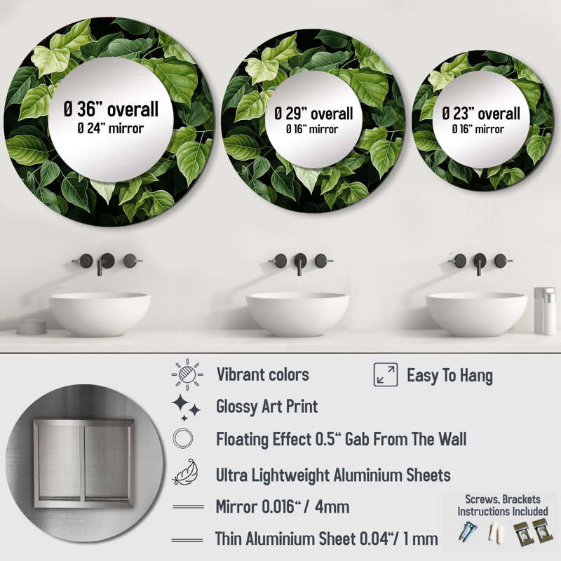 Toile ivoire ivoire vert feuilles - miroir mural unique feuilles, miroir rond vert, 23 po x 23 po