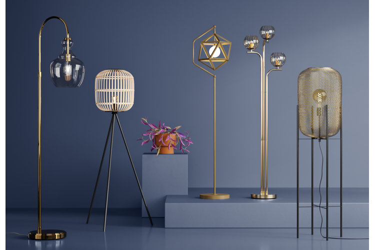 display of different style floor lamps against a blue backdrop