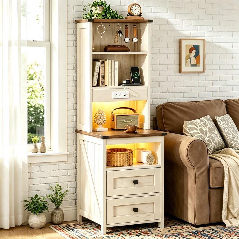 2 Drawers Farmhouse Tall Nightstand with Charging Station and Bookshelf, Antique White, 1