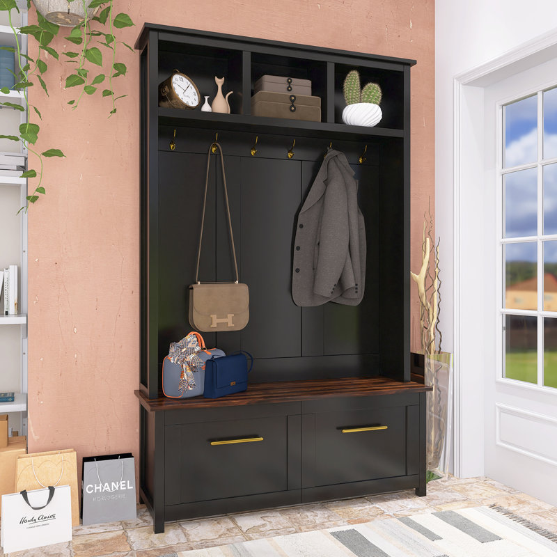 Farmhouse Hall Tree 47.2" Width X 76.6" Height With Shoe Bench And Coat Hooks, Black