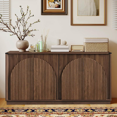 AWE-LW25661-WALNUT Four-Door Recessed Double-Layer Arched Dining Cabinet, Walnut Color. Product Dimensions: 164x40x80CM (including feet).