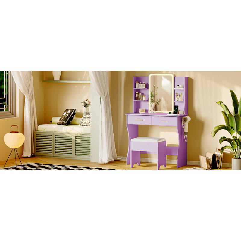 Ensemble de coiffeuse avec miroir à DEL Lacorsha, tabouret de bureau avec prise de courant, 2 tiroirs, 6 tablettes avec éclairage lumineux, 1 support pour sèche-cheveux