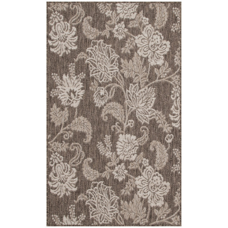 Rectangle Petroni Floral Polypropylene Indoor/Outdoor Area Rug in Brown/White