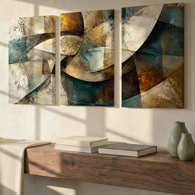 Ensemble exclusif de 3 toiles abstraites et atmosphériques aux tons turquoise, anthracite et or antique, décoration murale moderne pour salon, chambre, bureau et maison