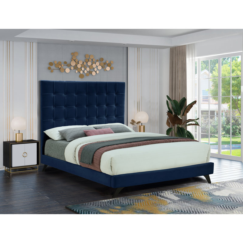 Tufted Upholstered Low Profile Platform Bed, Full, Navy Velvet