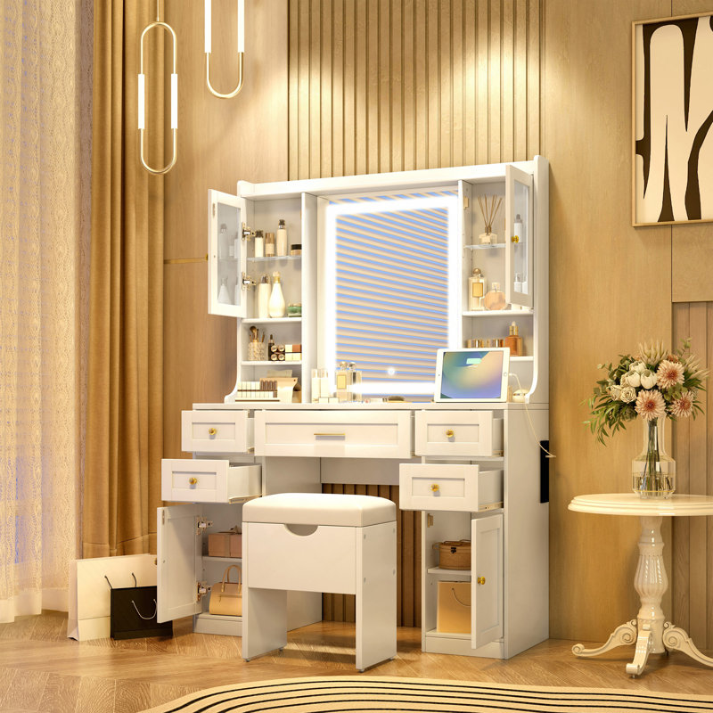 Meuble-lavabo de 41,4 po avec miroir et lumières, table de maquillage avec 5 tiroirs et 4 armoires, coiffeuse avec station de charge et tabouret de rangement rembourré pour la chambre à coucher, blanc