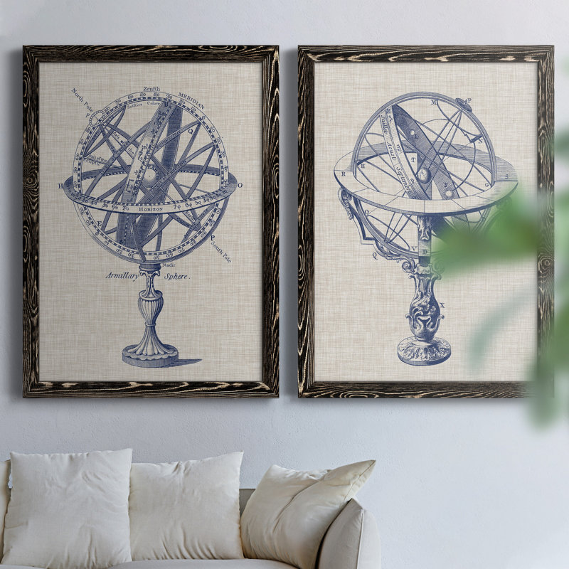Armillary Sphere on Linen I - Reproduction d'art graphique encadré, H 31,5 po x l 47 po x P 1,5 po, Toile avec cadre noir