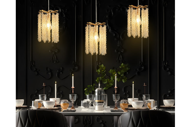 dining room with black textured walls. dining table with white dinnerware and candles. black dining chairs