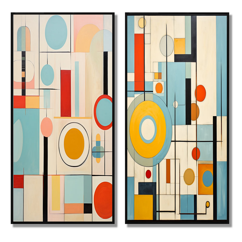 «Mid Mid Century Mod Geometrics», 2 pièces colorées, Cadre noir, H 40 po x l 40 po