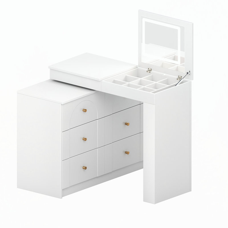 Vanity Desk with Mirror, Lights, and Abundant Storage, Flip-Top Tabletop, 7 Drawers, 9 Compartments, 3 Shelves, 3 Color Modes, Perfect for Bedroom Use
