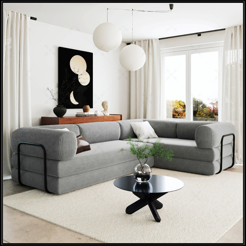 Canapé-lit modulaire en L en velours côtelé, idéal pour les salons et les appartements avec des configurations polyvalentes