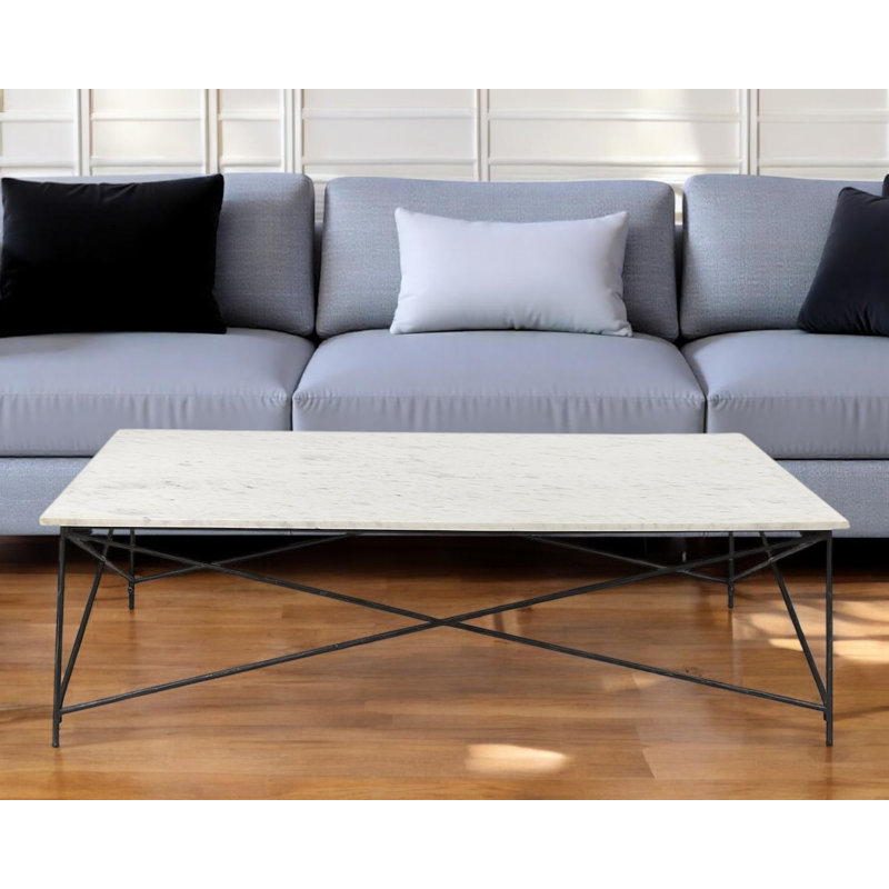 Table basse 35 po en marbre et métal véritable blanc