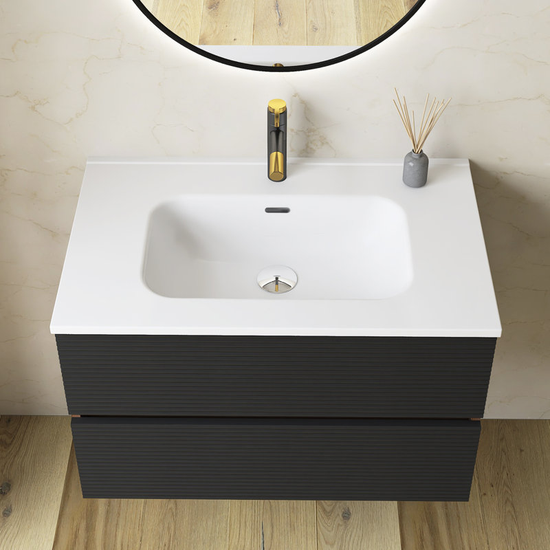 Meuble-lavabo flottant 30 po noir et noyer, lavabo intégré en céramique avec trop-plein et 3 trous de robinet, rangement spacieux pour les salles de bain modernes