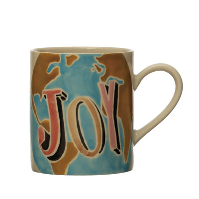 Hand-Painted Stoneware Mug with Wax Relief Word "Joy"