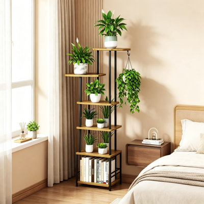 Support pour plantes d'intérieur, étagère à plantes en métal à 5 ​​niveaux avec crochet pour panier suspendu, support d'angle haut pour plusieurs plantes, salon, balcon, jardin, terrasse, brun rustique