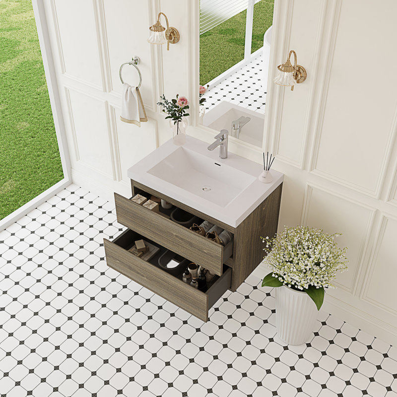 Meuble-lavabo flottant avec lavabo, meuble-lavabo mural moderne avec lavabo en résine et tiroirs à fermeture en douceur, Gris