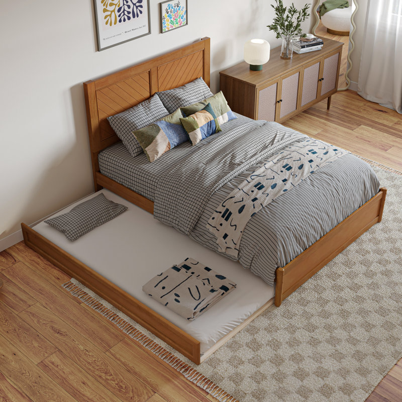 Lit plateforme en bois massif avec pied de lit et gigogne Lamarkus, Double, Caramel clair