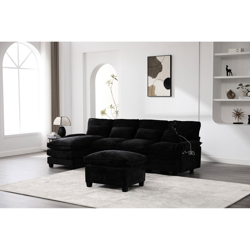 Canapé modulaire en U en chenille douce, canapé-lit 4 places, console de chargement mobile et d'appareil 106 po - modulaire avec revêtement, sièges, fonction de canapé-lit, rangement caché dans les ports
