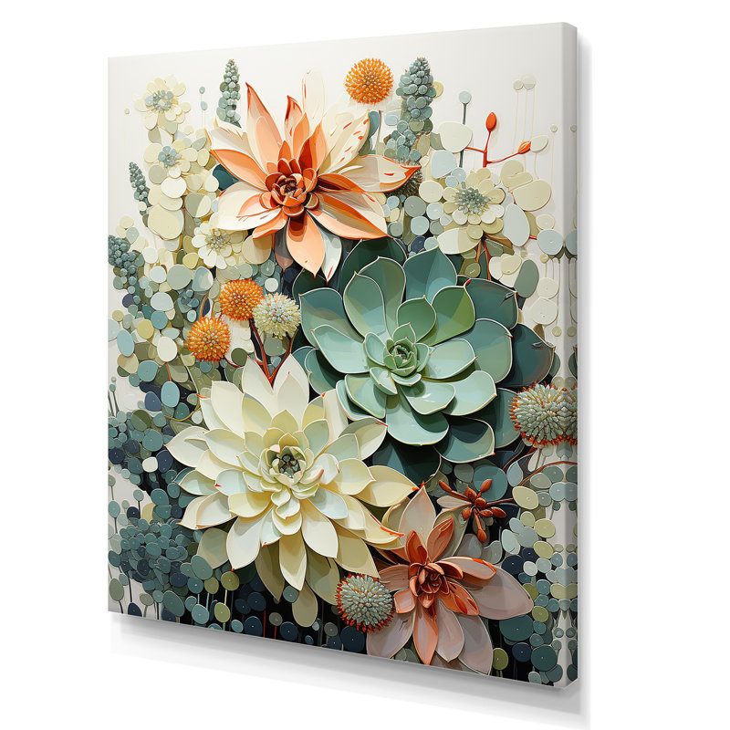Rexlake «Green White Succulents Flowers Serene Succulents I», art mural encadré, 32" H x 16" W, Toile tendue