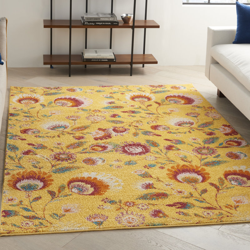 Tapis jaune à motif floral Lakenya, Rectangle 4 pi x 6 pi