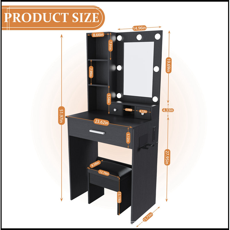 Table de coiffeuse avec miroir, lumières DEL réglables, prise de courant, support pour sèche-cheveux et tabouret, Black