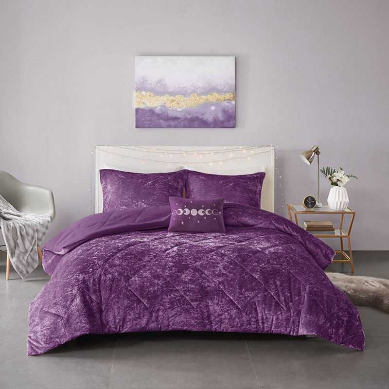 Édredon en velours de luxe pour lit simple / simple TG, en mauve, avec édredon, taies décoratives et coussins décoratifs