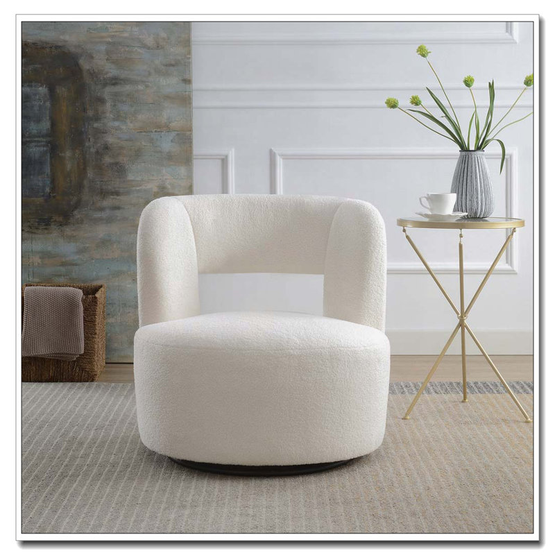 Fauteuil demi-tonneau pivotant en tissu Teddy, Crème, crème
