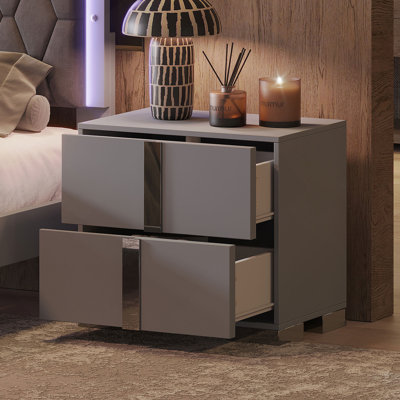 Table de chevet élégante, poignée en métal, miroir, 2 tiroirs