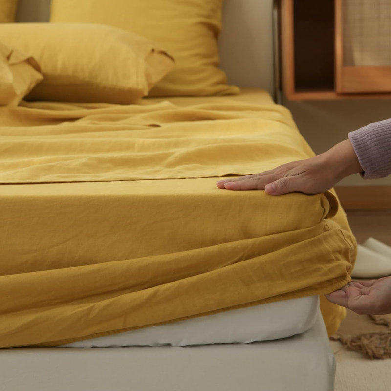 Ensemble de draps 100% lin Simple & Opulence, Queen Sheet Set with 2 Pillowcases, Mustard Yellow