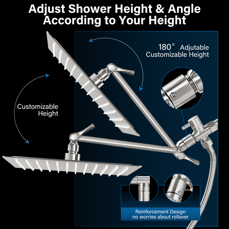 Pomme de douche double avec douchette combinée, pomme de douche à pluie haute pression 12 pouces, Nickel brossé
