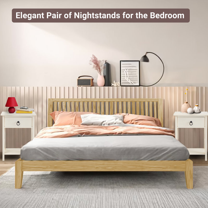 Cream Solid Wood Nightstand with Drawer and Shelf