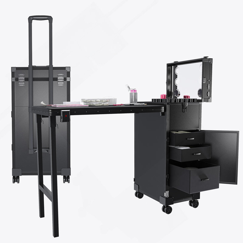 Table portable Nail Art avec miroir DEL, Bluetooth, tiroirs verrouillables, poteau télescopique - Station de manucure pliante pour salons (noir)