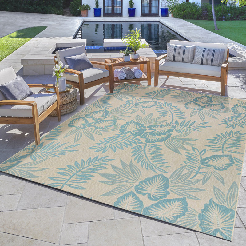 Reyn Spooner Kamea Oasis Blue/Beige Tropical Leaves Flatweave Indoor/Outdoor Area Rug, Rectangle 7'10" W x 10' L