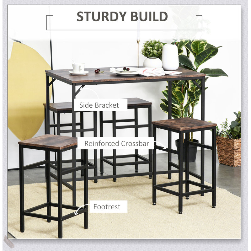 5-Piece Industrial Dining Table Set with Bar Table and 4 Stools, Durable and Easy to Clean for Modern Kitchens and Dining Rooms
