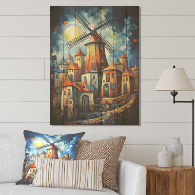 Colorful Windmill Village I - Wind Turbines On Wood Print