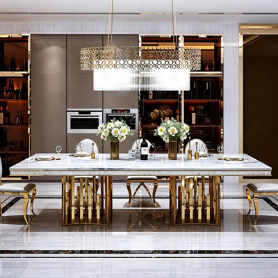 70.87"Modern Light Luxury Rectangular Dining Table in White & Gold Finish with Natural Marble Tabletop