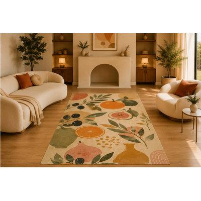 "Ultra Lightweight" 5'x7' Mediterranean Fruit Botanical Area Rug, Soft Low Pile Indoor Rug with Non-Slip Silicone Backing, Decorative Carpet for Living Room, Kitchen, Citrus