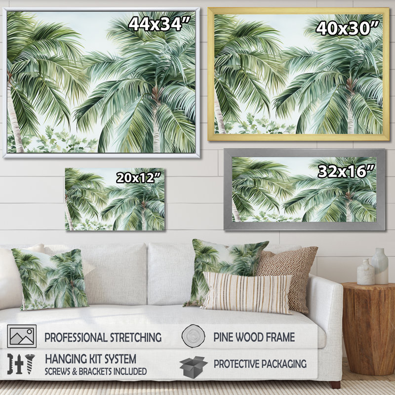 Palmiers sur la plage, impression sur toile, Cadre naturel flottant, H 34 po x l 44 po x P 1,5 po