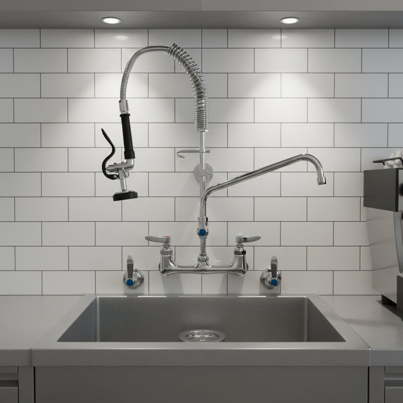 Commercial Faucet With Pre-Rinse Drop-Down Spray Head, 8-Inch Center Distance, 12-Inch Spout For More Efficient Cleaning.