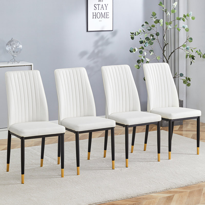  Chaises de salle à manger en polyuréthane avec dossier haut et pieds noirs, ensemble de 4 pour la cuisine ou la salle à manger, blanc