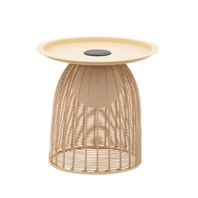 Outdoor Coffee Table Boho Wicker Patio Solar Table All Weather Metal Round Tables with Built-in Lights