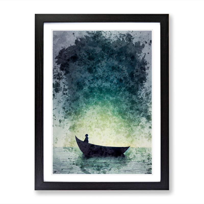 Alone In A Boat - Single Picture Frame Painting, 34cm H x 25cm W x 2cm D, Black Framed